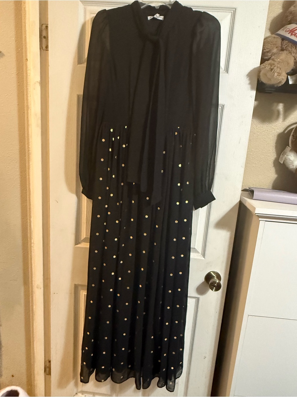 Express Black Long Sleeve Maxi Dress with Gold Dot Accents